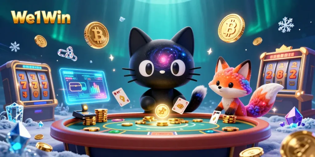 Immerse in We1Win's cosmic casino adventure, featuring dynamic slots and vibrant characters.