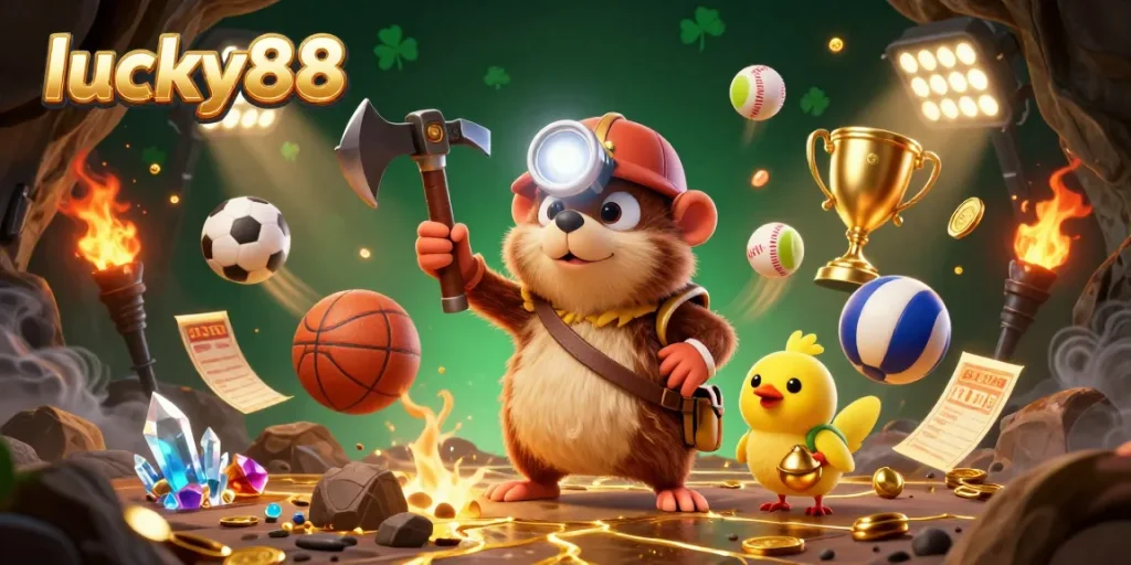 Engage in lucky88 adventures with colorful characters and sports elements in a treasure-filled scene.