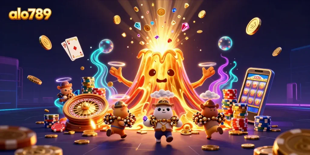 Experience the thrill of alo789 with a scene of golden treasures erupting from a volcano in a vibrant casino world.
