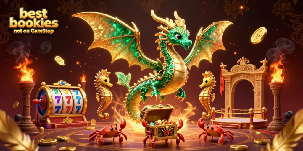 Engage with the best bookies not on GamStop in this vibrant casino scene featuring a sea dragon and treasures.