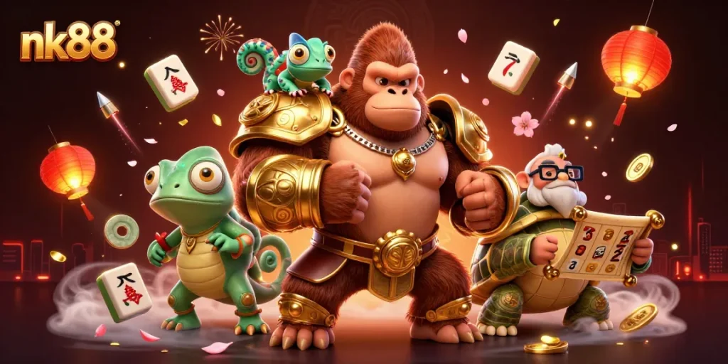 Experience thrilling action at nk88 with a 3D illustration featuring lively casino characters and dynamic gaming elements.