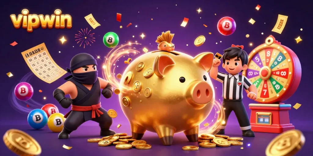 Experience thrilling moments at vipwin with dynamic gaming elements and vibrant visuals in this illustrated scene.