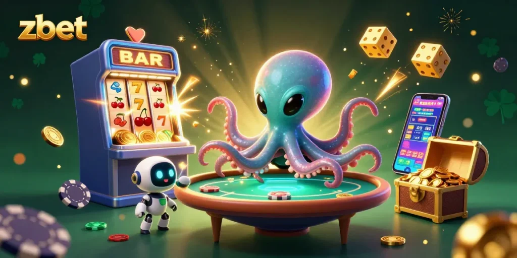 Play in zbet's vibrant cosmic casino with an alien octopus and exciting slot machine!