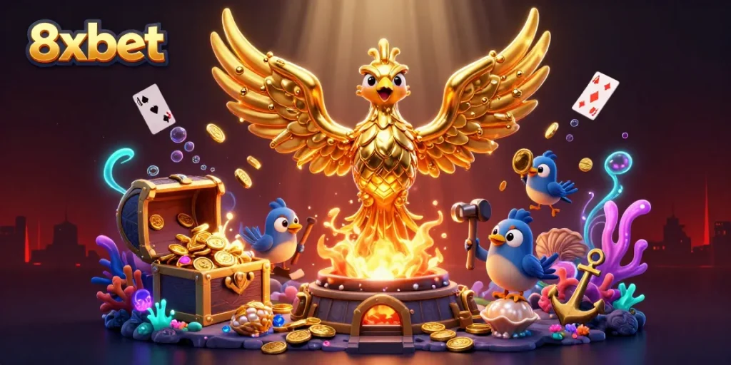 Experience thrilling gameplay with 8xbet's 3D phoenix and underwater treasures in this vibrant illustration.