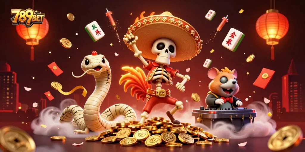Enjoy vibrant 789BET gaming action with a lively 3D scene of casino characters celebrating amidst golden coins.