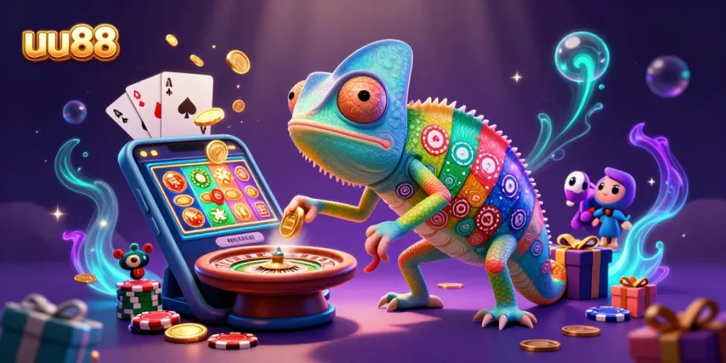 uu88 offers exciting casino gaming experiences with a 3D chameleon owner capturing golden coins.